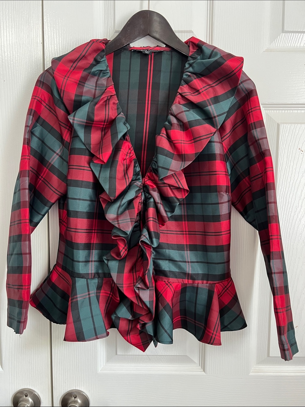 Boston Proper Red & Green Plaid Ruffle Wrap Blouse
